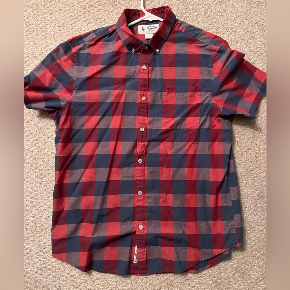 Mens Original Penguin Plaid Button Down Short Sleeve Shirt